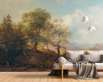 Panoramic autumn landscape Wallpaper Peel and Stick Victorian Green forest nature Mural vintage wall decor beautiful clouds Retro trees art