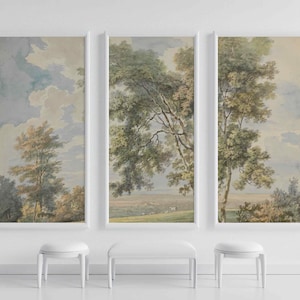 Grandi alberi Paesaggio panoramico Paesaggio rurale chiaro Stacca e attacca Stile vittoriano Grande albero natura vintage Carta da parati retrò Natura verde