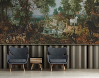 The Garden of Eden Vintage landscape with Animals, horses and trees art by Jan Brueghel wall mural Renaissance Art Victorian Style wall art