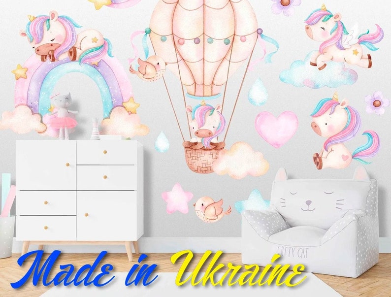 Rainbow and Unicorn Removable Wall Decal Set, Large Wall Stickers for Girls Bedrooms, Pink & Purple Unicorns on soft Puffy Clouds Wall Decal image 1