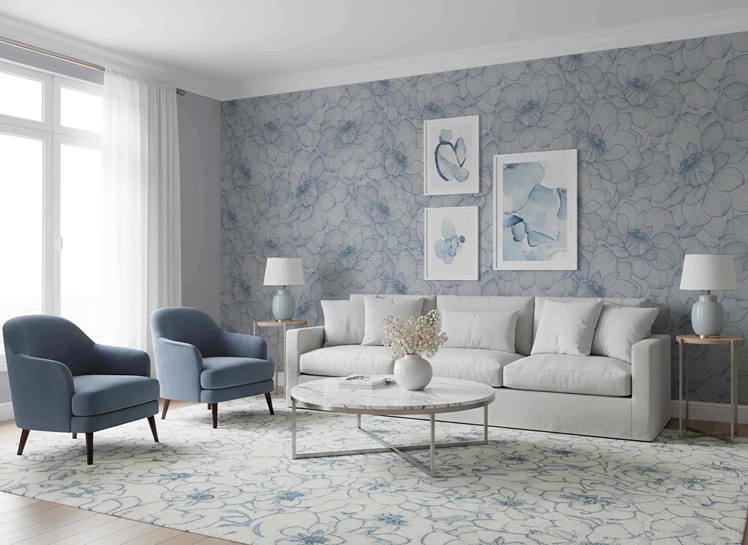 Blue Lotus Line Art Wallpaper, Peel and Stick or Traditional - Etsy