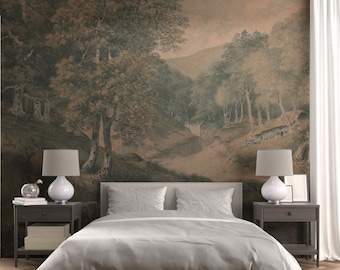 Mural de paisaje rústico, decoración campestre vintage, papel pintado con escena rural (removible o fijo).