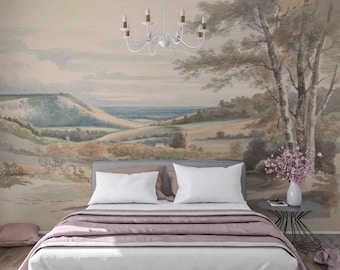 Light Vintage mountains Landscape Wallpaper Removable or Traditional Wall Mural Panoramic Countryside View, Retro Tree Painting Scenic mural
