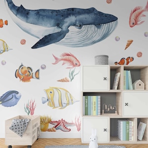 Set Sea kids decal Theme Ocean Wall Decal Nursery Decal Watercolor Peel and stick sea Life whale Sticker  Whale and fish Under The Sea Decal