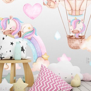 Rainbow and Unicorn Removable Wall Decal Set, Large Wall Stickers for Girls Bedrooms, Pink & Purple Unicorns on soft Puffy Clouds Wall Decal image 7