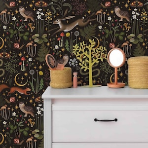 Vintage Waldtiere Wandbild Flora und Fauna Dunkler Hintergrund selbstklebende Tapete Viktorianisches Wandbild Garten Nachtleben Retro Schälen und Kleben
