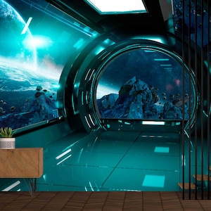 Op de afbeelding: Een futuristische interieursc&egrave;ne in teal, met een groot rond raam met een ruimtelandschap met planeten en astero&iuml;den. De kamer heeft een glanzende vloer en een houten kast met een plant. Thema ruimtereizen.
