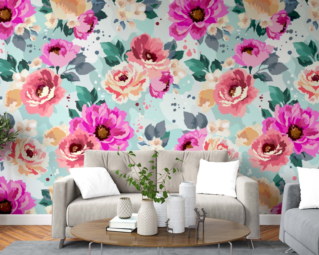 Bright Pink Peonies Wall Mural Roses Flowers Blossom Removable ...