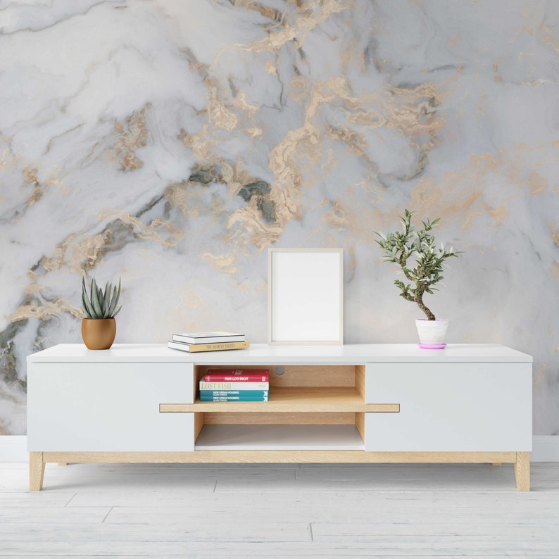 White Marble Removable Wallpaper Abstract Gray Gold Stone Etsy