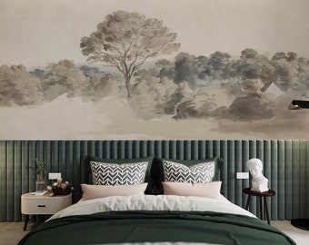 Watercolor Light Vintage Landscape Mural Big tree Removable self-adhesive Panoramic valley art regular Victorian Wallpaper Rustic Retro wall