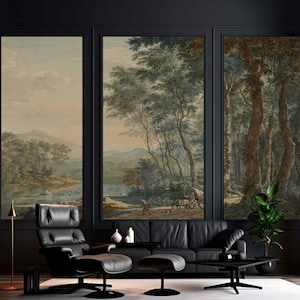 Victorian Vintage forest landscape Wallpaper Style Big tree nature oil painting Print Mural Rustic Panoramic Rural landscape with horse cart