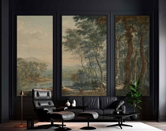 Victorian Vintage forest landscape Wallpaper Style Big tree nature oil painting Print Mural Rustic Panoramic Rural landscape with horse cart