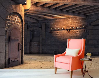 Ancient castle corridor removable wallpaper Colorful photo of gothic room Self-adhesive Large Wallpaper Long stone corridor art wall decor
