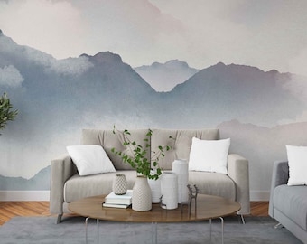 Watercolor landscape painting wallpaper Ombre Blue Mountains Wallpaper Abstract Boho Mural Hand Drawing Removable Wall Decal Mountain Mural