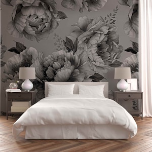 Black and white Big Peonies Removable wallpaper Gray Peonies Peel and Stick Wallpaper for Nursery Girl Bouquet wallpaper Black white wall
