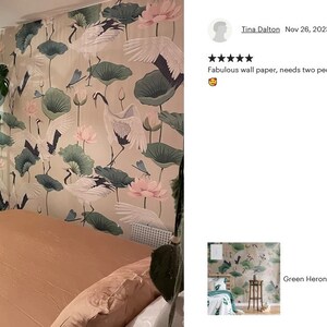 May include: A bedroom with a peach-colored bedspread and a wall covered in a removable wallpaper featuring a green heron, lotus flowers, and dragonfly designs. The text "Green Heron Asian Removable Wallpaper Chinese..." is visible in the lower right corner of the image.