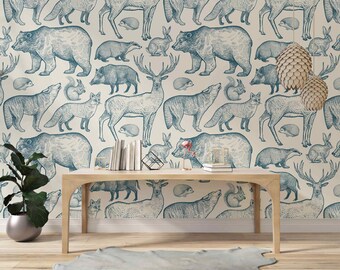 Cute forest animals Vintage print Pattern Cute kids wallpaper Blue Animals Beige Background Peel and Stick Wallpaper Deer bear hare murall