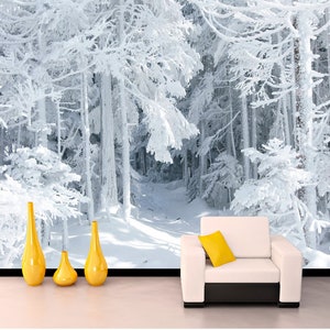 Sfondi murali foresta invernale Decalcomanie murali natura invernale Carta da parati rimovibile foresta Minimalista innevato Pini Paesaggio invernale