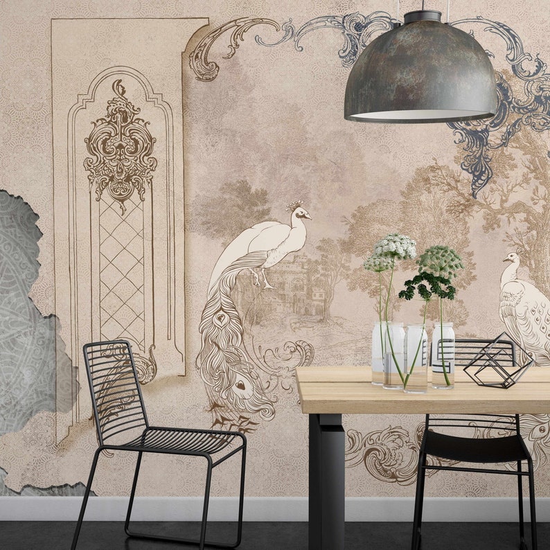 Antique Mural Peacock Classic Art Damask Concrete Etsy