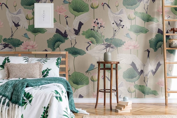 Green Heron Asian Removable Wallpaper Chinese Birds Wall Mural Asian Birds Wall Art Heron Wallpaper Birds Wall art Contemporary Design