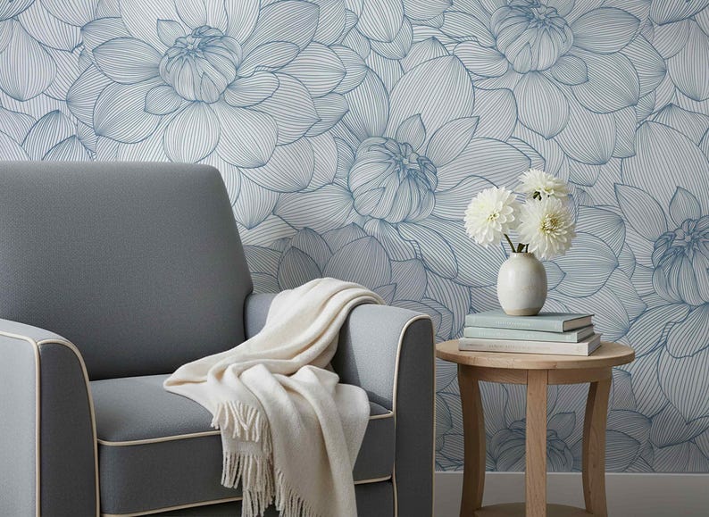 Blue Lotus Line Art Wallpaper, Peel and Stick or Traditional - Etsy