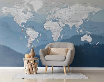 Geographical world map wall mural, blue mountain removable wallpaper, large world map wall art, beautiful mapon the landscape classroom art