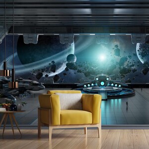 Grande decorazione per astronavi del futuro Carta da parati murale Viste dello spazio Carta da parati rimovibile Fantastica astronave interna Carta da parati autoadesiva Bambini Spazio
