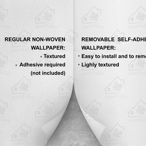 May include: A comparison of two types of wallpaper: regular non-woven and removable self-adhesive. The regular non-woven wallpaper is textured and requires adhesive (not included). The removable self-adhesive wallpaper is easy to install and remove and is lightly textured.