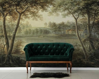 Papel pintado vintage de estilo victoriano con diseño de gran árbol, pintura al óleo, mural rústico, vista panorámica del valle, paisaje rural claro, despegar y pegar