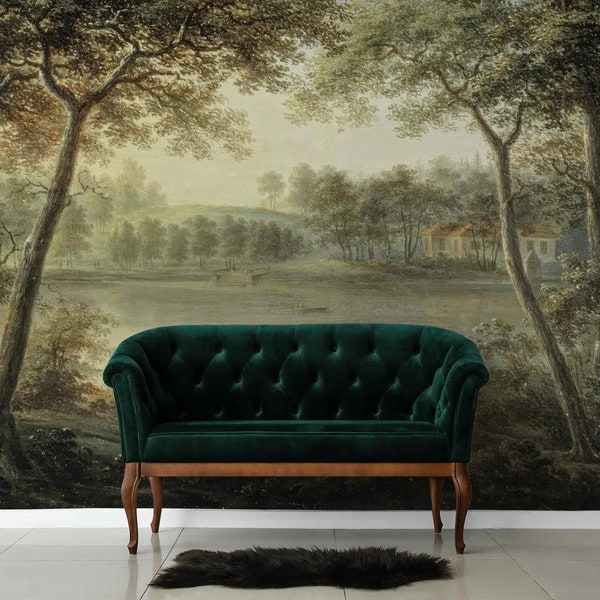 Victorian Style Big tree nature vintage Wallpaper oil painting print Mural Rustic Panoramic valley view Light Rural landscape Peel and Stick