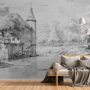 Vintage Black and White Castle Wallpaper Antique Landscape Wallpaper Historic Castle Mural, Peel and Stick mural Traditional Wallpaper