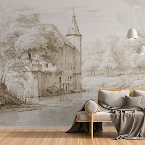 Vintage Castle Landscape Wallpaper Removable or Traditional Wall Mural Rustic Monochrome Countryside Scene Tree Valley Victorian Style Decor