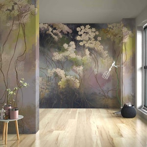 Abstract Meadow Grass Watercolor Wallpaper Rural Peel and Stick Wallpaper Vintage Big wild flowers mural Rustic  Removable self-adhesive