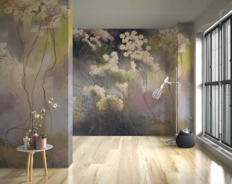Abstract Meadow Grass Watercolor Wallpaper Rural Peel and Stick Wallpaper Vintage Big wild flowers mural Rustic  Removable self-adhesive