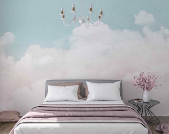 Retro Cloudy Wall Mural, Vintage Sky wall decor Removable self-adhesive Nature Clouds regular wallpaper Rising Sky art Pastel Color murals