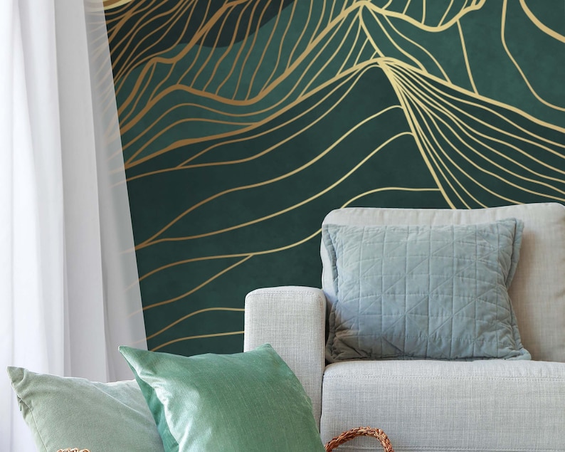 Dark Turquoise and Gold Foggy Mountains Wallpapers Etsy