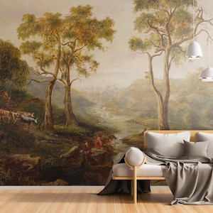 Vintage Landschaftswandkunst Großer Baum Abnehmbares selbstklebendes Panoramatal Retro-Blick Abnehmbare Tapete Wandbild Ländliche Malerei Wanddekor