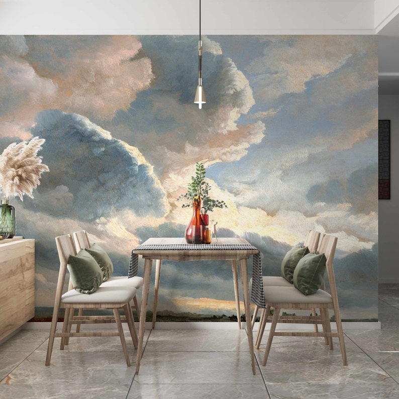 Vintage Style Clouds Removable Wallpaper Rural Painting Wall Etsy