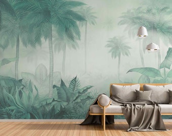 Green tropical forest Regular Wallpaper Light landscape Peel and Stick Palm leaves Big tree nature jungle watercolor Mural Rustic art view