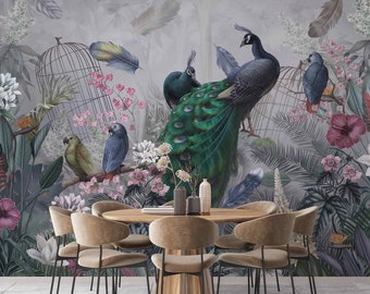 Peacocks and parrots wallpaper Vintage mural Art Nouveau Mural Removable Retro self-adhesive Exotic birds Garden Regular Floral wallpaper