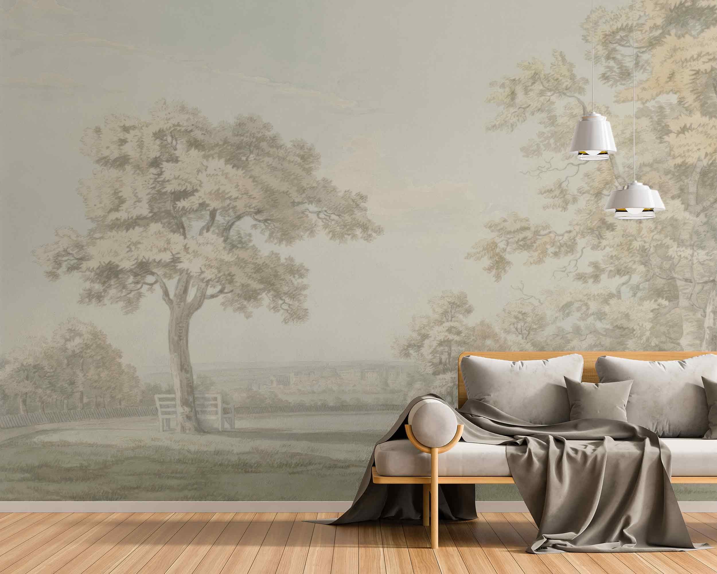 Vintage Tree Landscape Wallpaper Mural: Neutral Countryside Scene ...