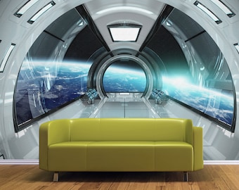 Wall mural sci-fi photo art Futuristic spaceship removable wallpaper Fantastic interioir of starship Self-adhesive Large Wallpaper