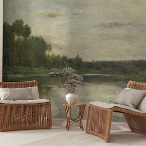 Vintage Landscape Mural Removable Rural nature river, field self-adhesive Wallpaper wall Rural painting print wall decor Victorian Style art