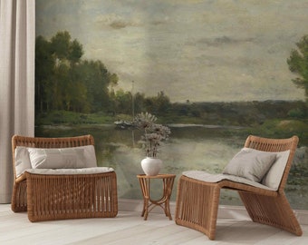 Vintage Landscape Mural Removable Rural nature river, field self-adhesive Wallpaper wall Rural painting print wall decor Victorian Style art