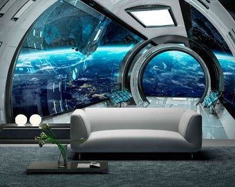 Wall mural sci-fi photo art Removable wall mural futuristic spaceship Fantastic interioir photo Self adhesive mural of starship interior