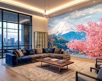 Mount Fuji Cherry Blossom Mural: Japanese Art Removable or regular Wallpaper