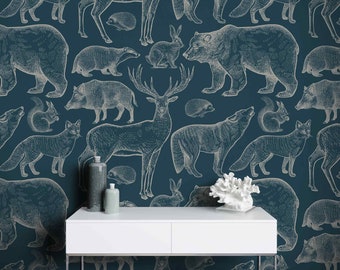 Vintage wallpaper with forest animals Dark Blue background Regular or removable wallpaper French Country Bear Peel and Stick Toile Wallpaper