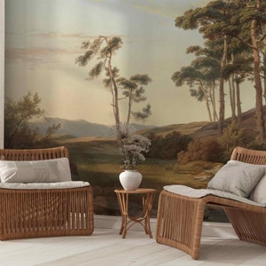 Vintage großer Baum Abnehmbares selbstklebendes Wandbild Klassische ländliche Landschaft Fluss Peel and Stick Viktorianische Tapete Rustikale Retro-Ansicht Wandkunst