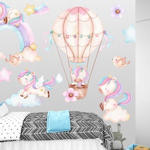 Rainbow and Unicorn Removable Wall Decal Set, Large Wall Stickers for Girls Bedrooms, Pink & Purple Unicorns on soft Puffy Clouds Wall Decal image 4