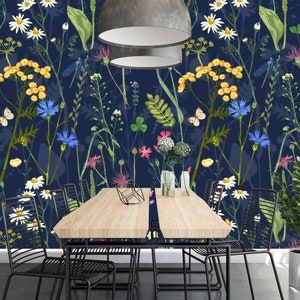 Herbs Removable Wallpaper Dark Floral Peel and Stick Wallpaper Dark Wildflowers Romantic Self Adhesive Wallpaper Vintage Wallpape mural
